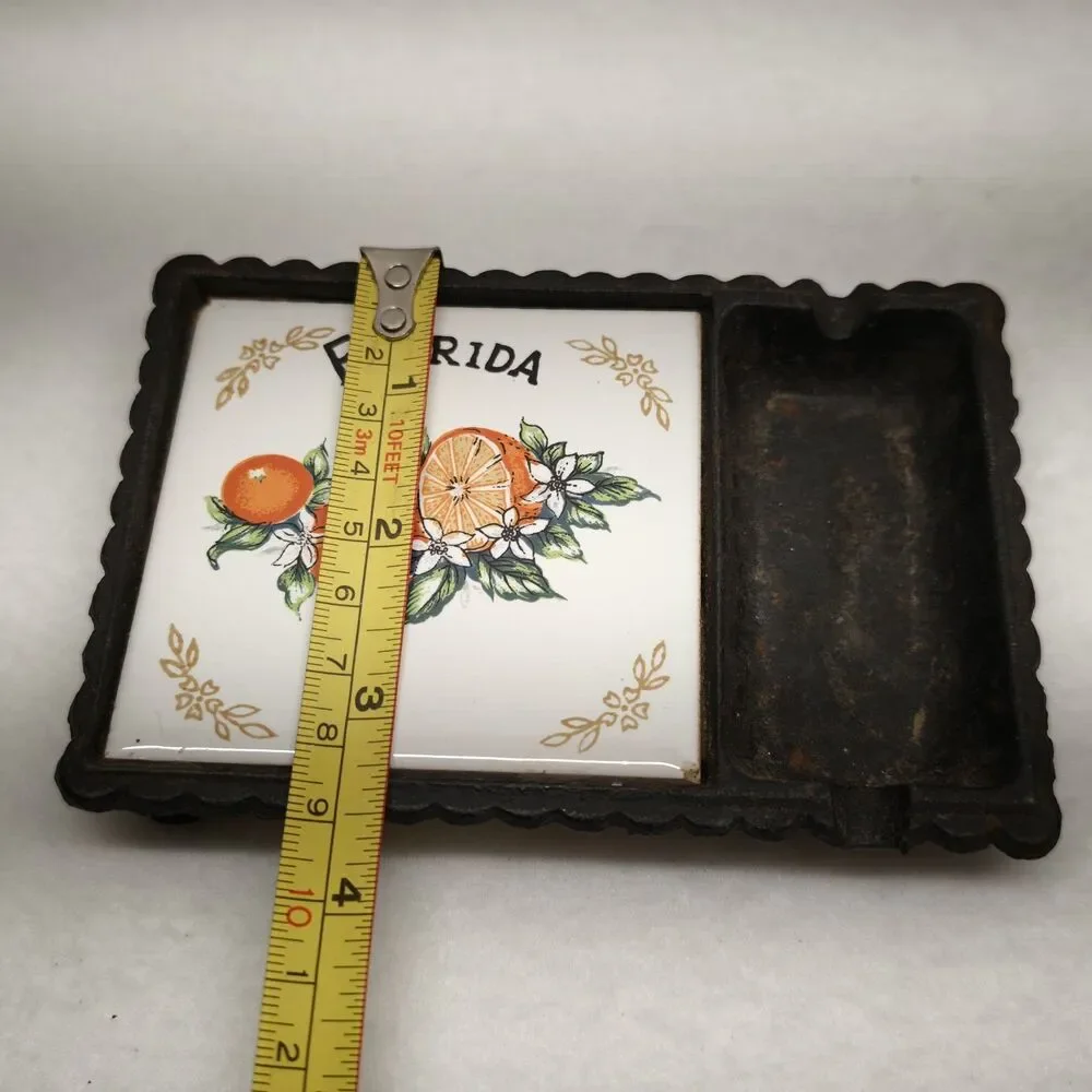 Vintage Florida Cast Iron Trivet Ceramic Tile Orange Souvenir Taiwan Decor Home